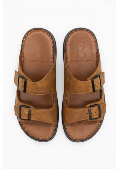 Fame Step Hakiki Deri Unisex Ortopedik Yumuşak Taban Comfort Yazlık Günlük Terlik Çift Terliği Tokalı Taba