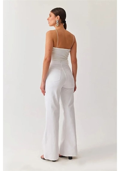 Woddi Trend Jean Yüksek Bel Wide Leg Beyaz Palazzo Pantolon Bol Paça Jeans Likrasız