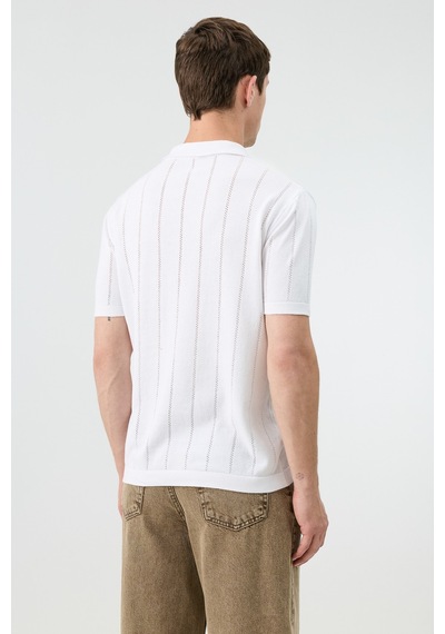 Antioch Fermuar Yaka Çizgili Triko Erkek T-shirt Beyaz