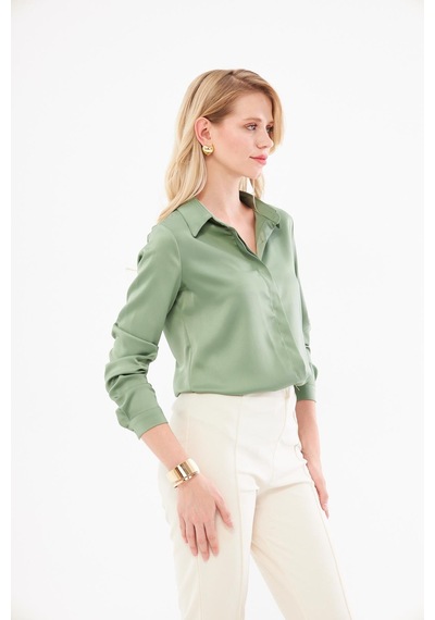 Lovelf Klasik Saten Gömlek Mint Yeşili Mint Yeşili