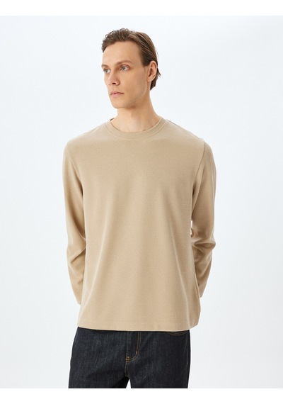 Koton Pamuk Karışımlı Dokulu Basic Bisiklet Yaka Sweatshirt Bej 5wam70247mk Ekru