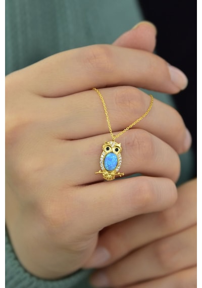 Papatya Silver 925 Ayar Gümüş Gold Kaplama Opal Baykuş Kolye