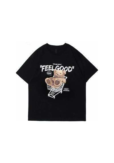 Flood Of Style Siyah Feel Good Ayı Baskılı Oversize Bisiklet Yaka Erkek Tişört