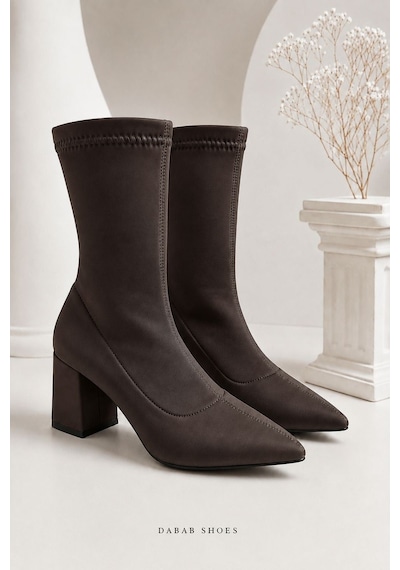 Dabab Shoes Rachel Kadın Acı Kahve Sivri Burun Dalgıç Streç 7 Cm Kalın Topuklu Çorap Bot Bootie Kahverengi