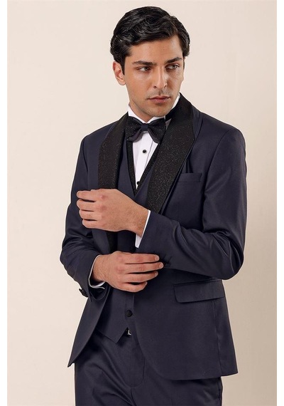 İmza Koyu Lacivert Desenli Çıkarılabilir Şal Yaka Yelekli 6 Drop Slim Fit Smokin Damatlık Takım 1001230203-Lacivert