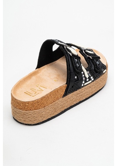 Luvishoes Luvi Shoes Bobby Siyah Taşlı Etnik Desenli Hasır Kalın Mantar Tabanlı Kadın Terlik Siyah Luvishoes Luvi Shoes Bobby Siyah Taşlı Etnik Desenli Hasır Kalın Mantar Tabanlı Kadın Terlik Siyah