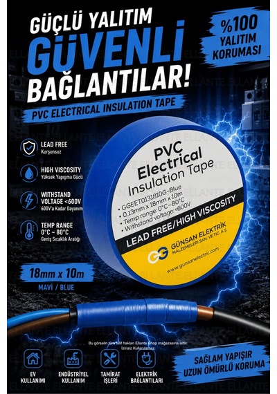 Mavi Profesyonel Pvc Elektrik Bandı 18mm X 10m Güçlü Yapışkanlı, 600v Dayanımlı, Esnek İzolasyon B