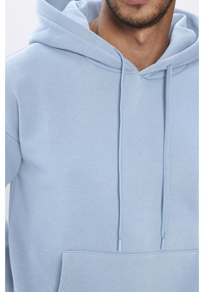 Tudors Unisex Oversize Geniş Kesim Pamuklu Yumuşak Dokulu İçi Polarlı Basic Mavi Kapüşonlu Sweatshirt-31462-mavi Mavi