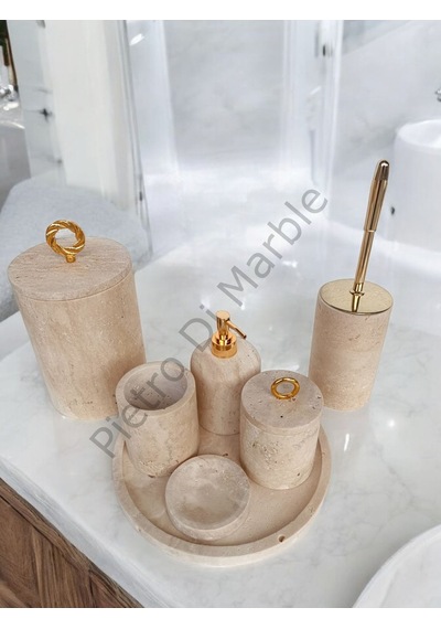 Sarı Traverten Klasik Model 7 Parça Gold Renk Halka Aksesuarlı Banyo Seti Sarı Traverten