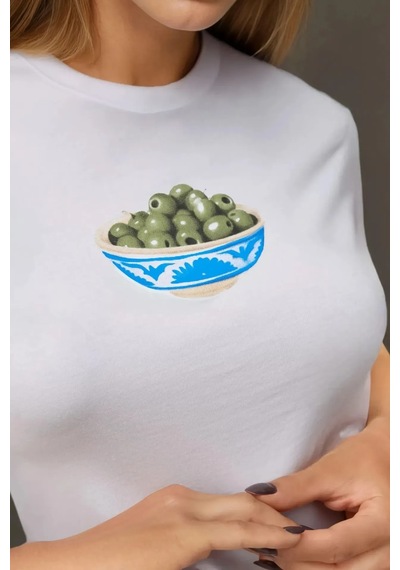 Hiccup Kadın Bisiklet Yaka Kısa Kollu Önü Baskılı Pamuklu T-shirt Tozlu Beyaz