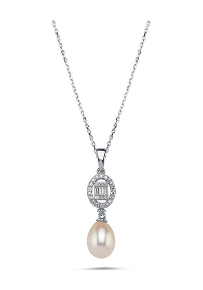8,5 Mm Oval Baget Taşlı Doğal İnci Kolye Beyaz