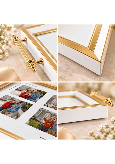 Bk Gift Kişiye Özel Fotoğraflı Beyaz&gold Söz Nişan Tepsisi-1 - 39x23 Cm Çok Renkli