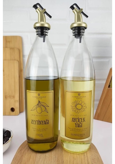 Lombardino Vetro 2'li Zeytinyağı Ve Sıvıyağ Şişesi Gold Etiketli Yağdanlık 1000 Ml Sh-0024