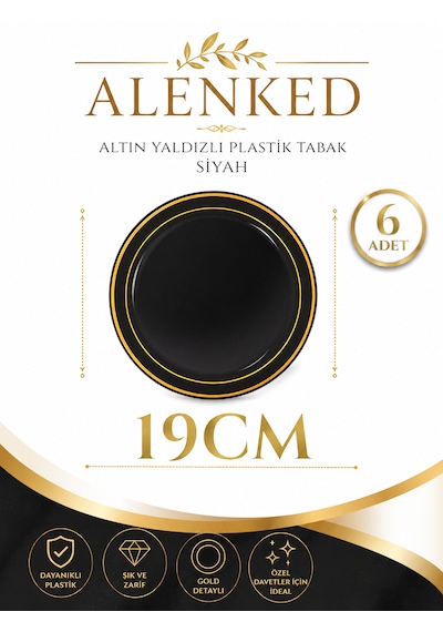 Porselen Görünümlü Altın Yaldızlı Plastik Tabak Siyah 19 Cm 6'lı
