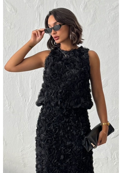 Verymoda Gül Süzüneli Kolsuz Bluz F1989 Siyah