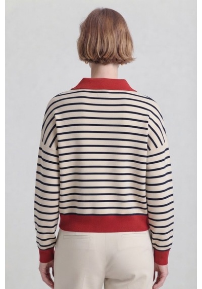 Soft&basic Çizgili Polo Yaka Triko Kadın Kazak Fermuarlı Kırmızı