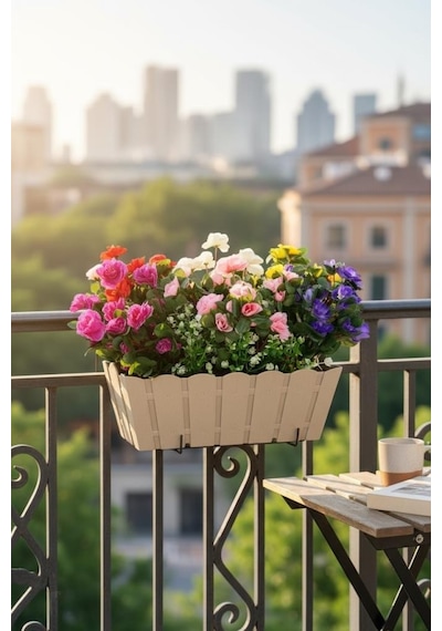 Yapay Çiçek Bej Balkon Saksıda Küpeşte Askılı Açelya Çiçeği Karışık Renkli Çiçek Sepeti 50cm Krem