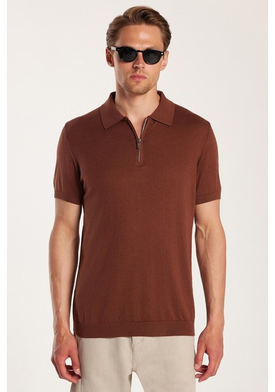 Tudors Erkek Slim Fit Dar Kesim Pamuklu Örme Triko Fermuarlı Kahverengi Polo Yaka Tişört-33747 Kahverengi