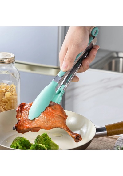 1 Adet Silikon Yemek Maşası Paslanmaz Çelik Mutfak Maşası Silikon Kaymaz Black