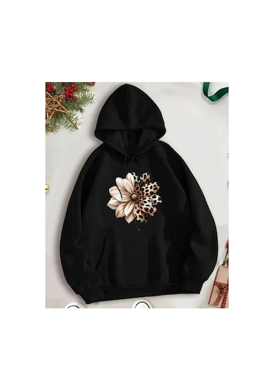 Herkesemoda Leopar Desenli Çiçek Baskı Detaylı İçi Polarlı Kapüşonlu Sweatshirt Siyah