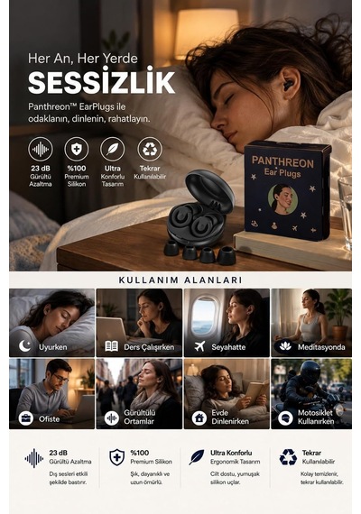 Tr Uyku Kulak Tıkacı 23 Db Gürültü Azaltıcı Derin Konsantrasyonlanma & Uyku 4 Farklı Boyut Panthreon