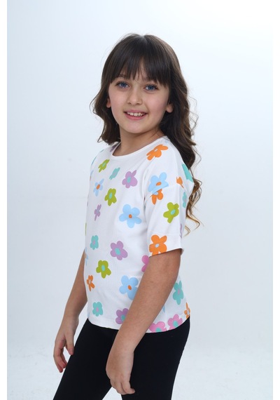 Toontoy Kids Toontoy Kız Çocuk Bisiklet Yaka Kısa Kollu Baskılı Tişört 24980 Ekru