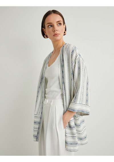 Koton Kimono Geniş Yarım Kollu Cepli Keten Karışımlı Mavi Çizgili 4sak50011pw Mavi Çizgili Mavi