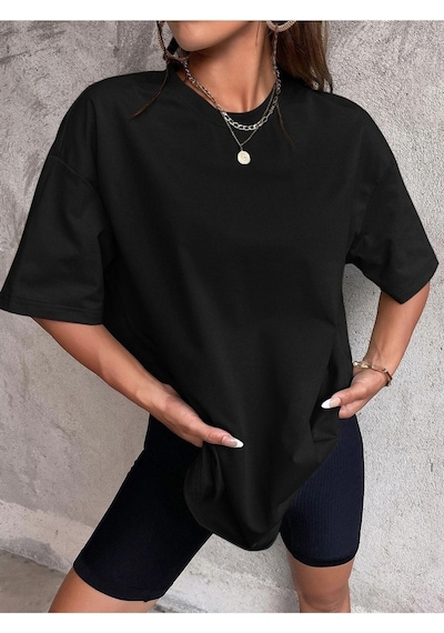 Düz Basic T-shirt - Siyah Oversize Bisiklet Yaka Kısa Kol SIYAH