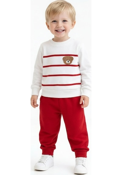 Ürünya Erkek Bebek Çizgili Sweatshirt Ve Kırmızı Eşofman Takımı-1321