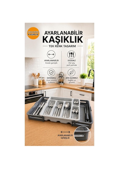 Ayarlanabilir Kaşıklık Organizer Genişleyebilir Çekmece İçi Düzenleyici Grı Antrasit - Gri