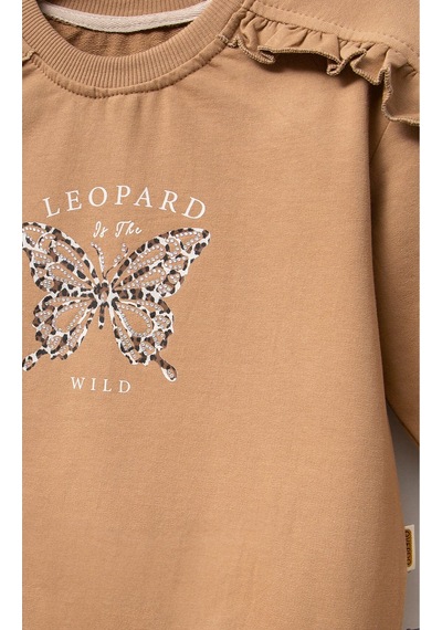 Overdo Kids Pamuklu Baskılı Uzun Kol Kız Çocuk Sweatshirt Kahverengi