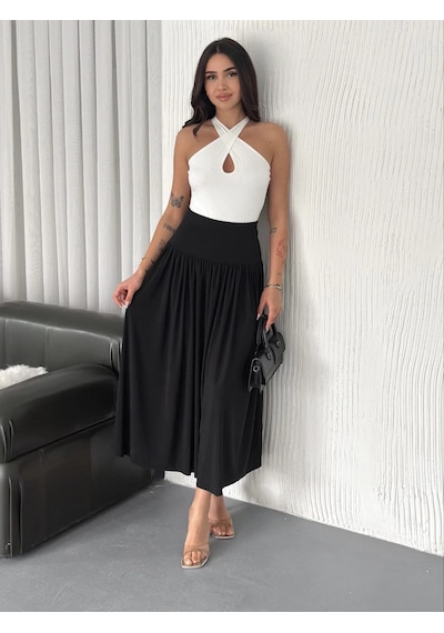 Wear Vexel Sandy Uzun Beli Lastikli Yüksel Bel Etek Yazlık - Siyah Çok Renkli