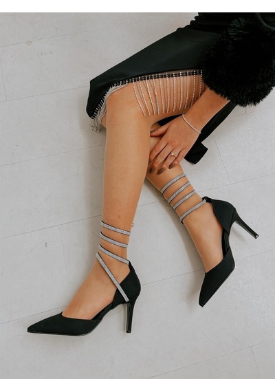 Ervanın Butiği Siyah Saten Brice Taş Detay Bilek Bağlamalı Kadın Stiletto-4206