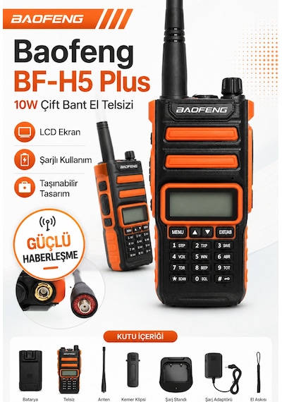 Bf-h5 Plus 10w Çift Bant Şarjlı El Telsizi Lcd Ekranlı Taşınabilir Profesyonel Telsiz