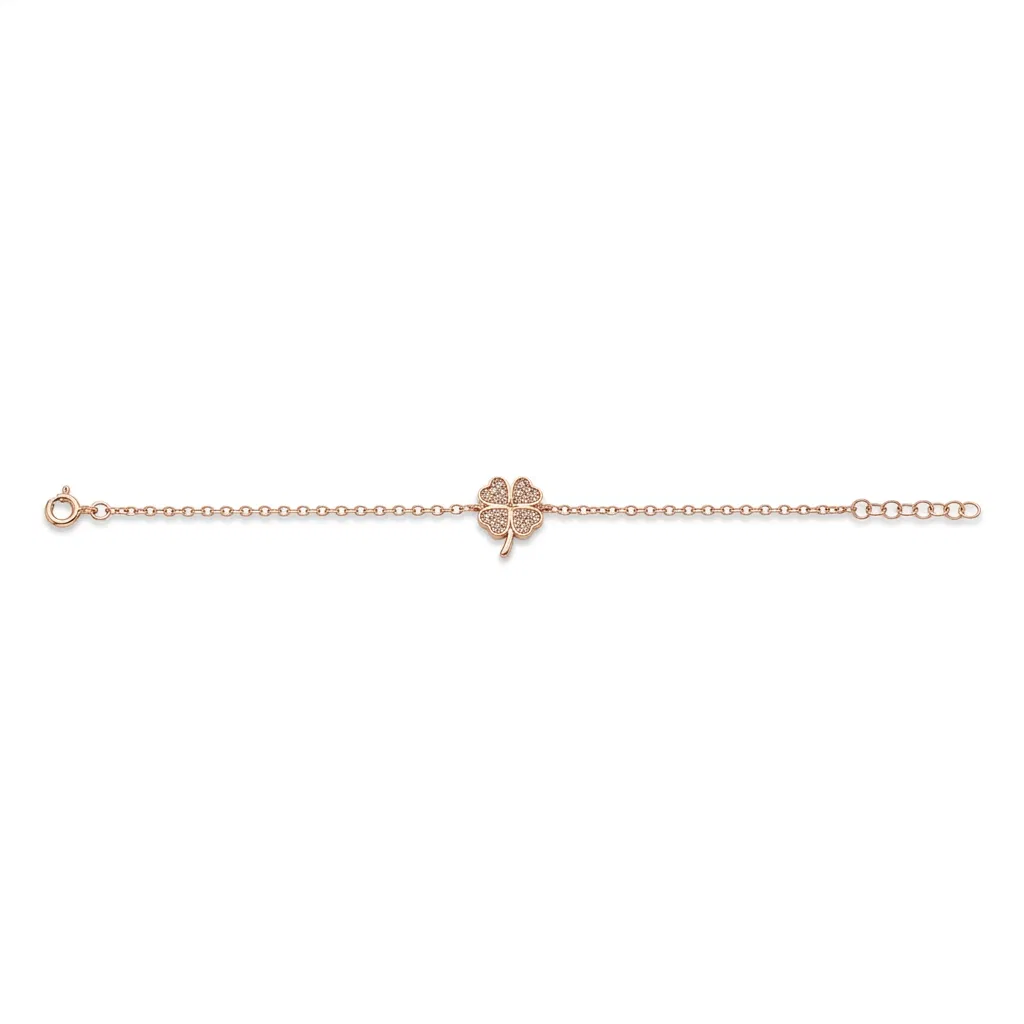 925 Ayar Yonca Figürlü Taş Detaylı Rose Gold Zincir Bileklik Gümüş - Pembe Altın - Altın
