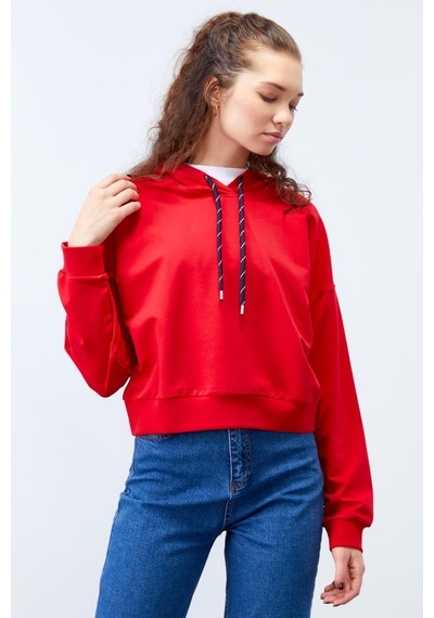 Tommy Life Kırmızı Uzun Kol Rahat Form Kapüşonlu Kadın Sweatshirt - 97115 Kırmızı