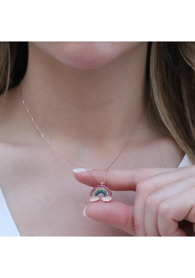 Renkli Zirkon Taşlı Gökkuşağı Rose Gold Kaplama Gümüş Kolye Gümüş