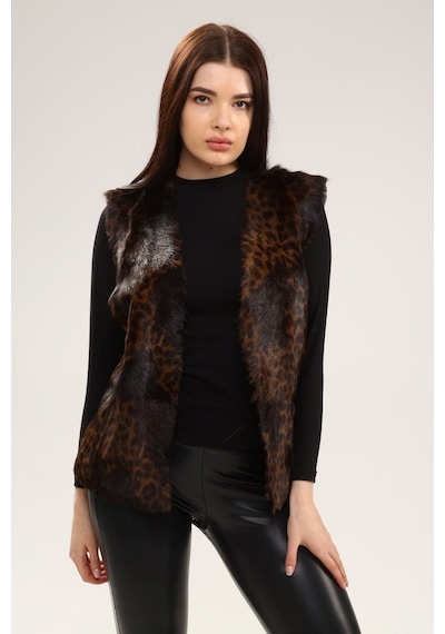 Leatinn Leopar Desenli Kadın Deri Yelek Çok Renkli