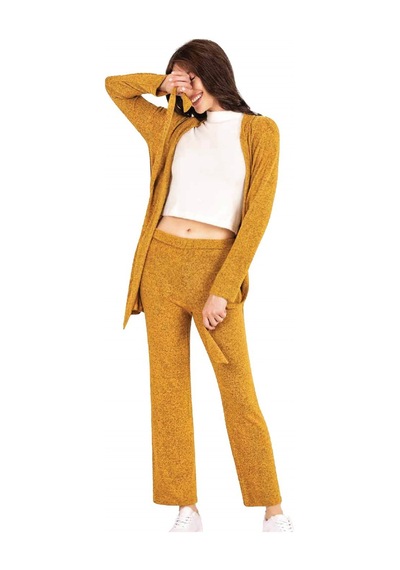 Kadın Hırkalı Kışlık Üçlü Pijama Set Homewear Dowry 15-10 Hardal