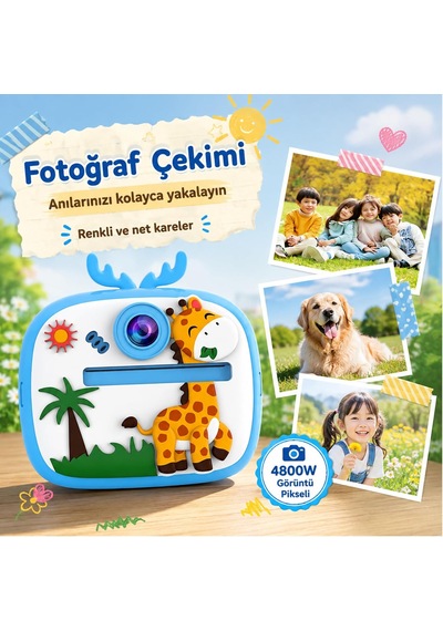 Çocuk Kamerası Zürafa Tasarımlı Anında Baskı Özellikli Dijital Fotoğraf Makinesi, 2,4 İnç Ips Ekranlı 1080p Video Kayıtlı Kamera, Cmr90 Mor