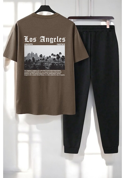Uyguntarz Unisex Los Angles Baskılı 2'li Eşofman Takımı Kahverengi