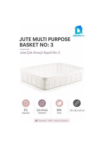 Jute Çok Amaçlı Sepet 5 L Mutfak Banyo Dolap İçi Saklama Düzenleyici Organizer 34x26x6,5 Cm beyaz