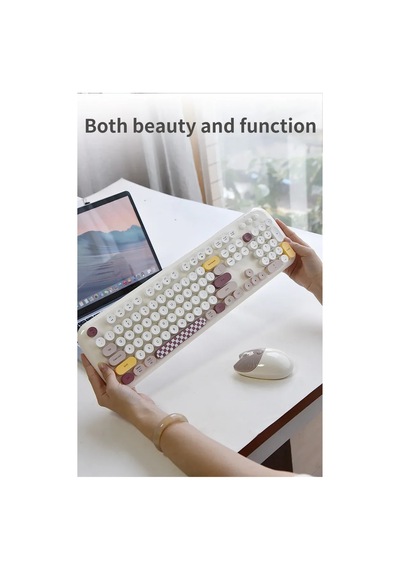 Geezer Zero Kablosuz Klavye Mouse Seti 2.4g Retro Daktilo Yuvarlak Tuşlu 104 Tuş Renkli Set Optik