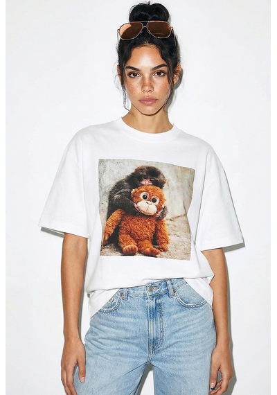 Shade Kadın Pamuk Bisiklet Yaka Maymun Punch Baskılı Oversize T-shirt Öt261035 60286081 - Beyaz Standart