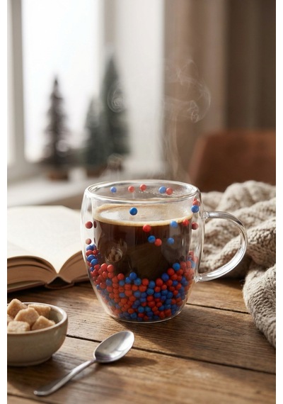 Makri Home Çift Cidarlı Bordo Mavi Cam Kupa 250 Ml Isıya Dayanıklı Çok Renkli