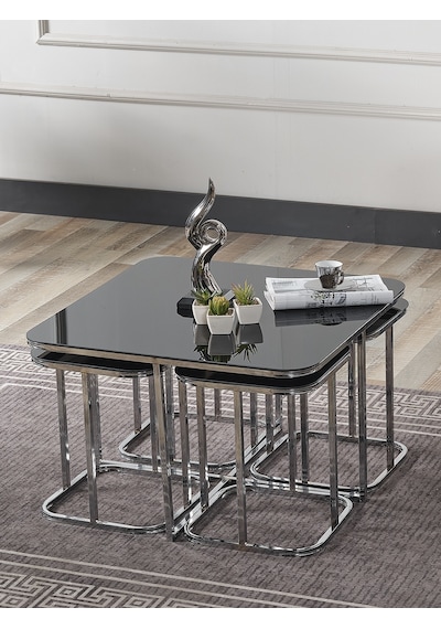 Pelikan 4+1 Siyah Aynalı Temperli Cam Gümüş Metal Ayak Takım Sehpa Sedaş Living Units Sehpa