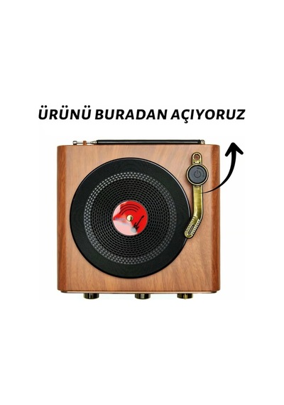Nostaljik Tasarım Plak Çalar Görünümlü Radyolu Bluetooth Hoparlör Retro Müzik Plak Açık Kahverengi