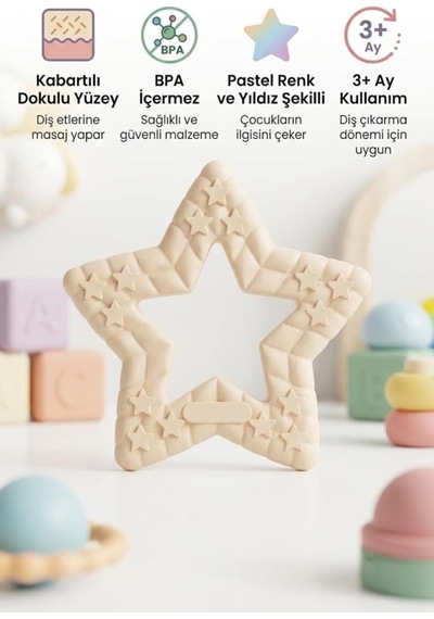 Yıldız Şekilli Esnek Bpa İçermeyen Kabartılı Pastel Renkli Oyuncak Bebek Diş Kaşıyıcısı Krem