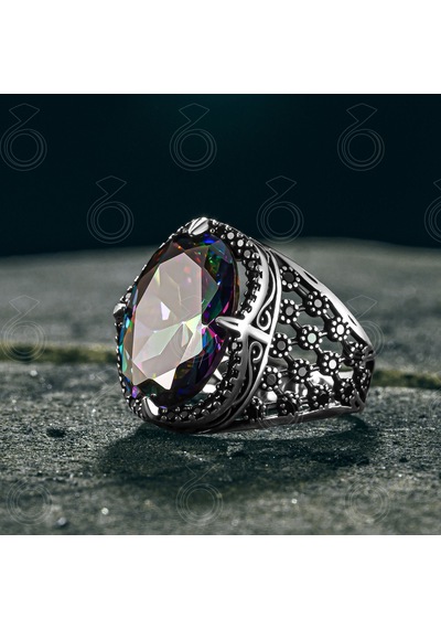 925 Ayar Gümüş Mistik Topaz Taşlı Oval Erkek Yüzük Gümüş