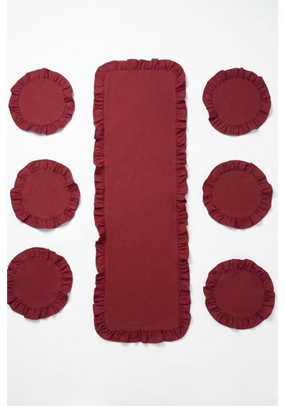 Yunusoğlu Home Fırfırlı Runner Ve Supla Takımı - Masa Örtüsü Takımı 7 Parça 150x50 Cm Bordo